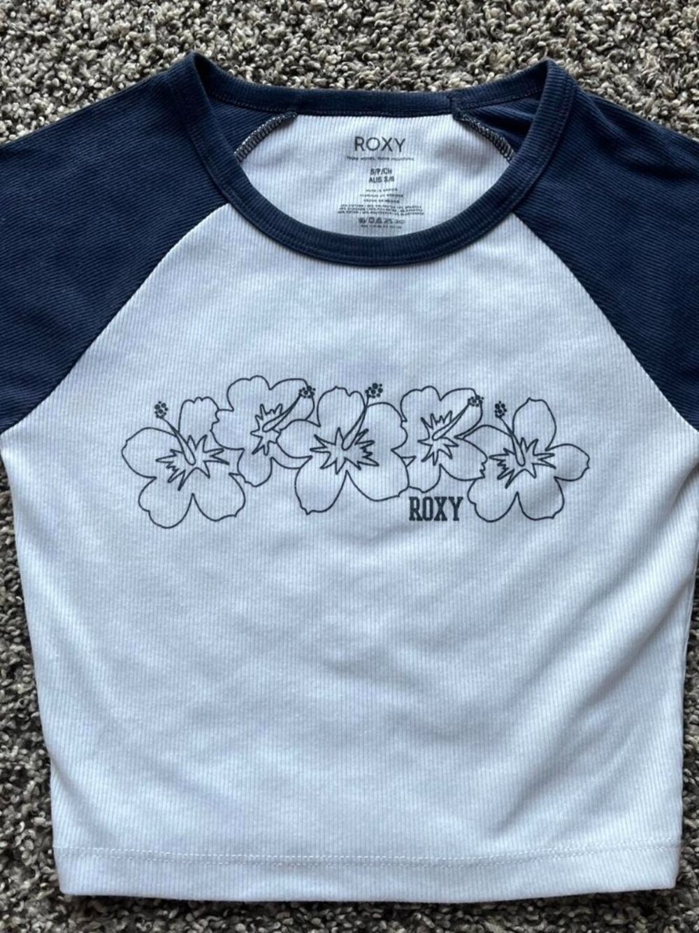 Roxy Women's White Navy Blue Babydoll Crop Top Size XS Tropical Summer Y2K Girly